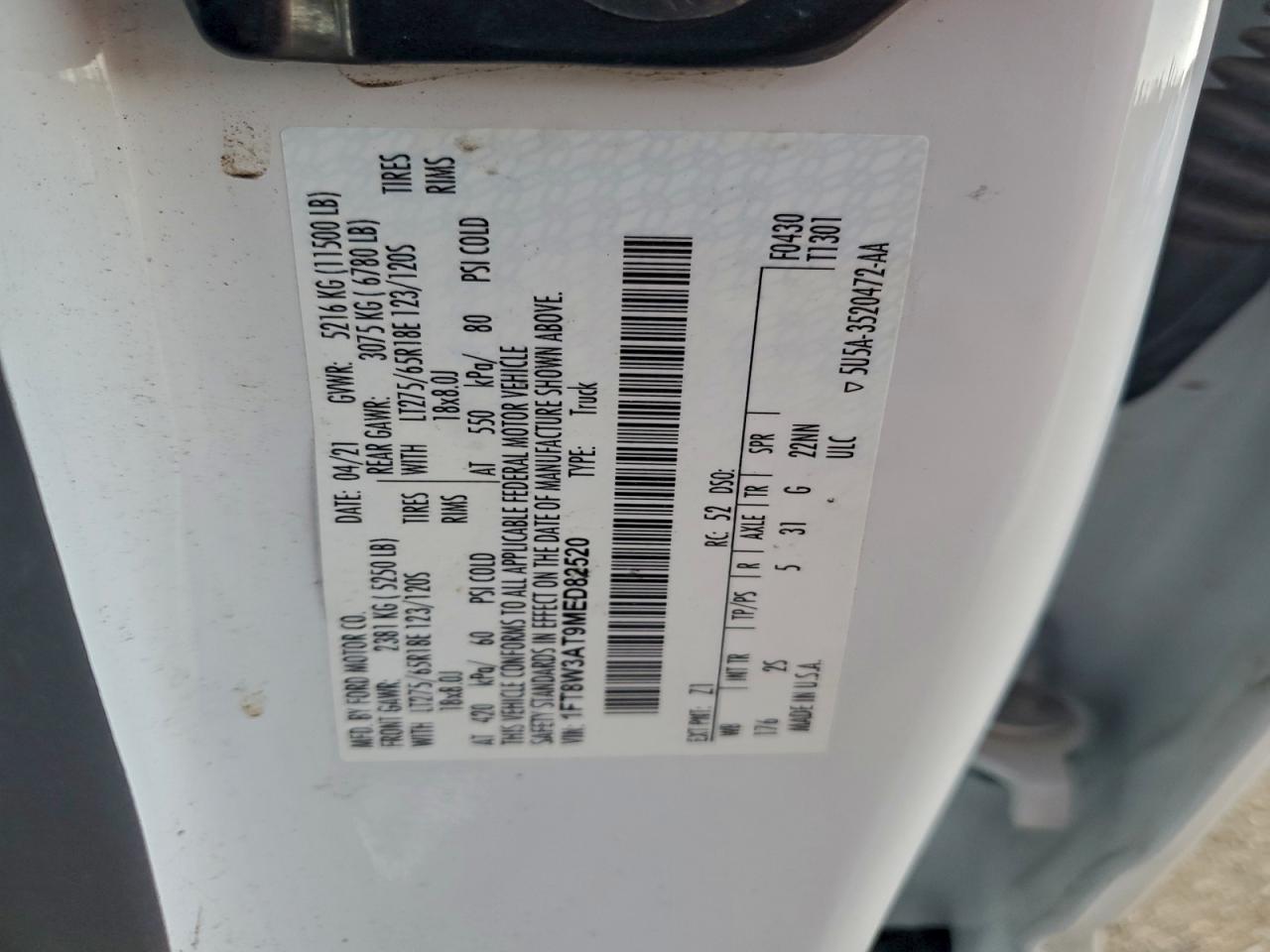 2021 Ford F350 Super Duty VIN: 1FT8W3AT9MED82520 Lot: 94356615