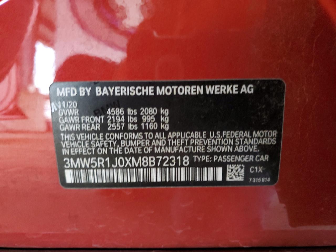 2021 BMW 330I VIN: 3MW5R1J0XM8B72318 Lot: 92622115