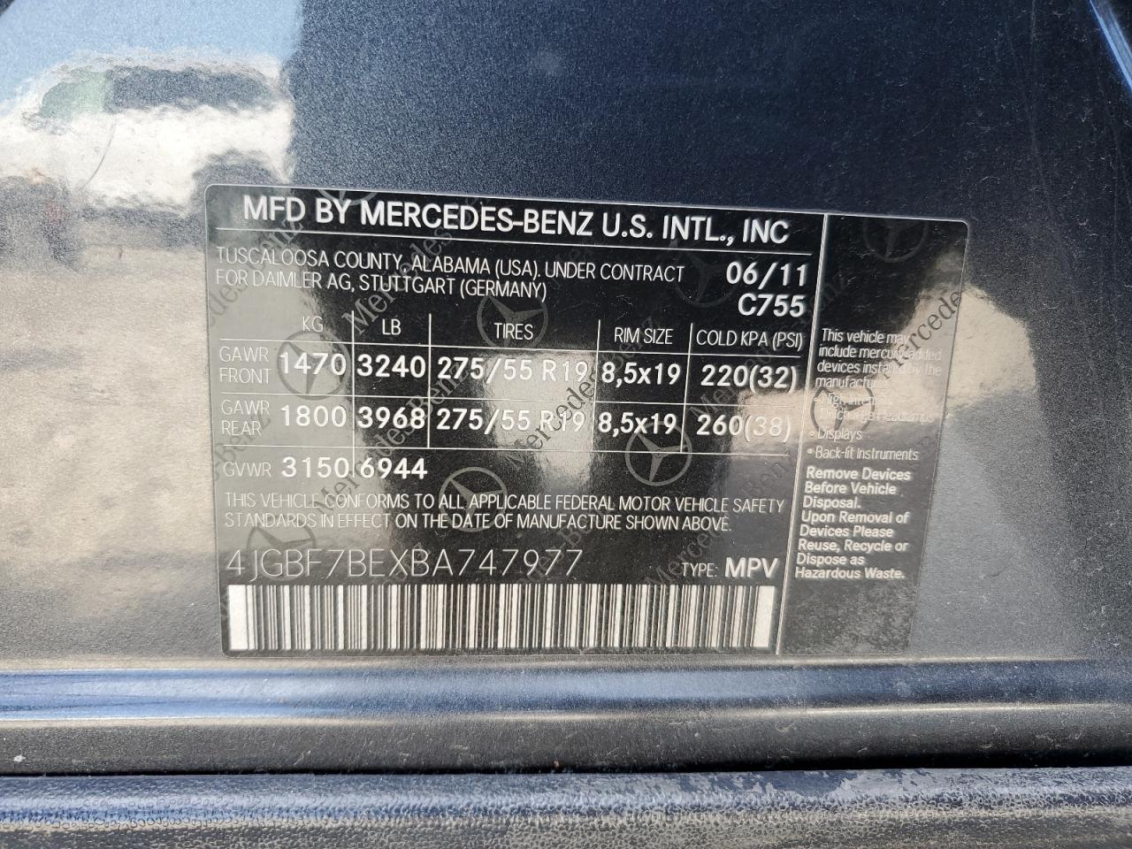 2011 Mercedes-Benz Gl 450 4Matic VIN: 4JGBF7BEXBA747977 Lot: 92366245