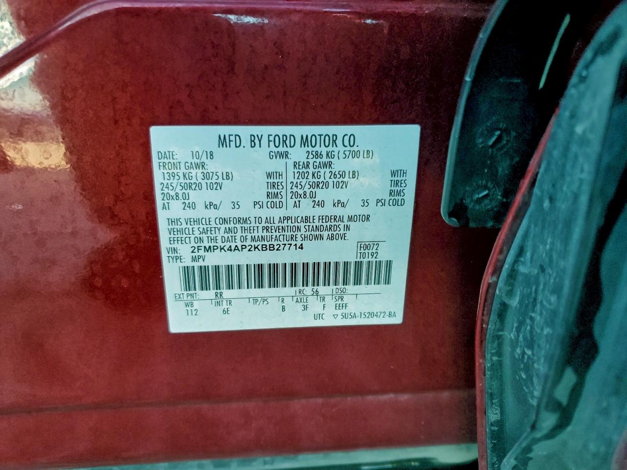 2019 Ford Edge St VIN: 2FMPK4AP2KBB27714 Lot: 93291405