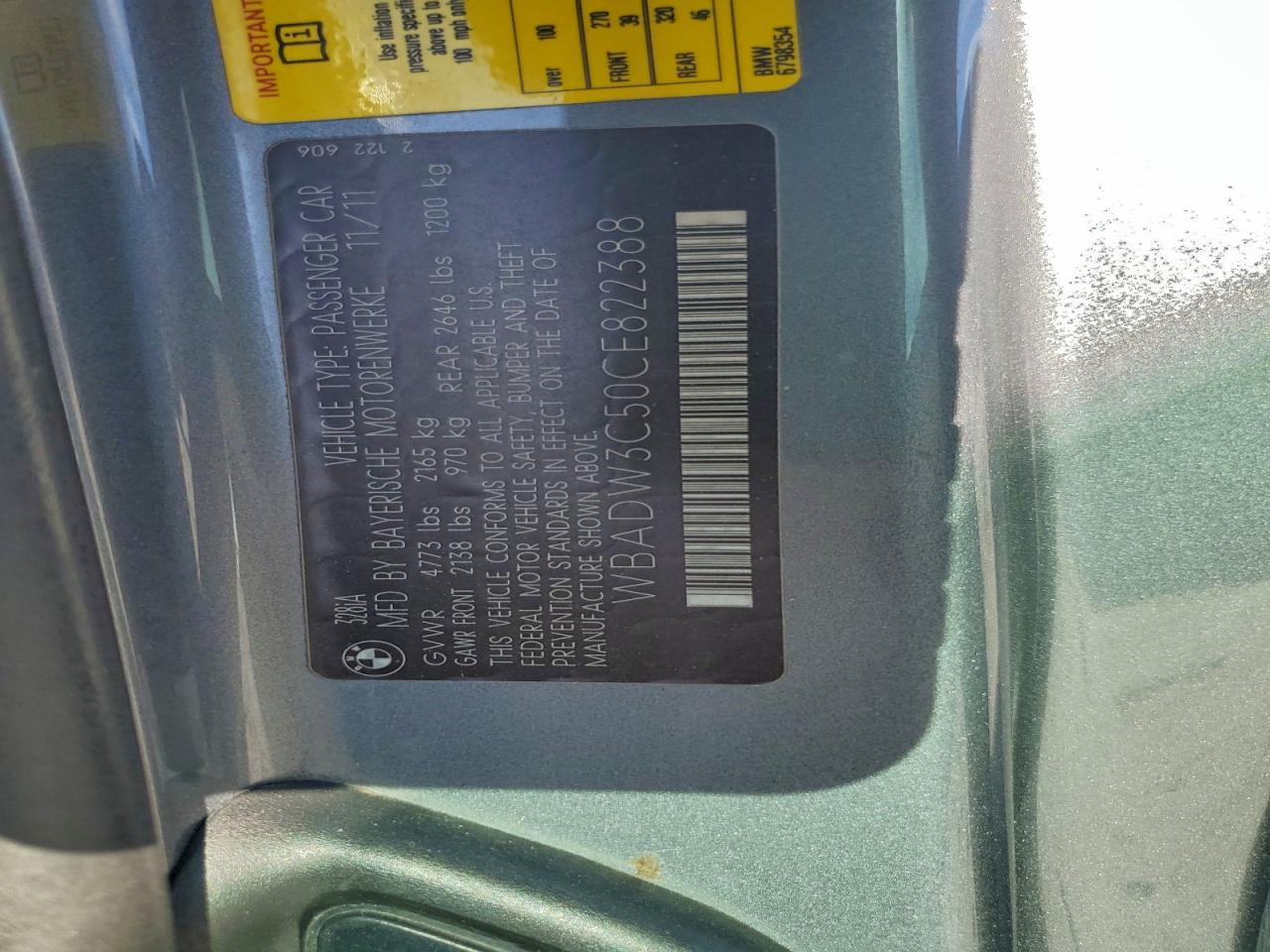 2012 BMW 328 I VIN: WBADW3C50CE822388 Lot: 94420015