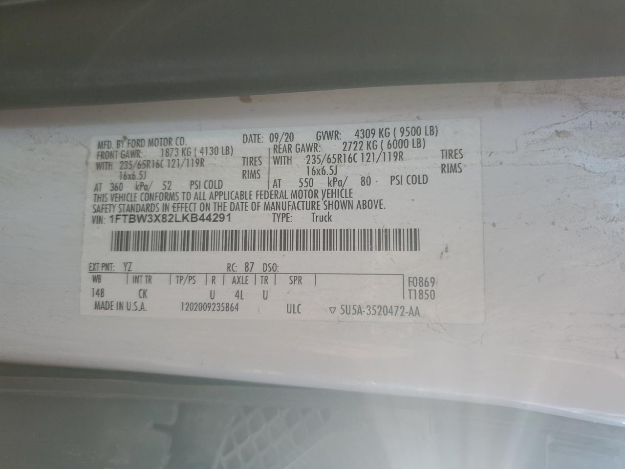 2020 Ford Transit Delivery Van VIN: 1FTBW3X82LKB44291 Lot: 92407935