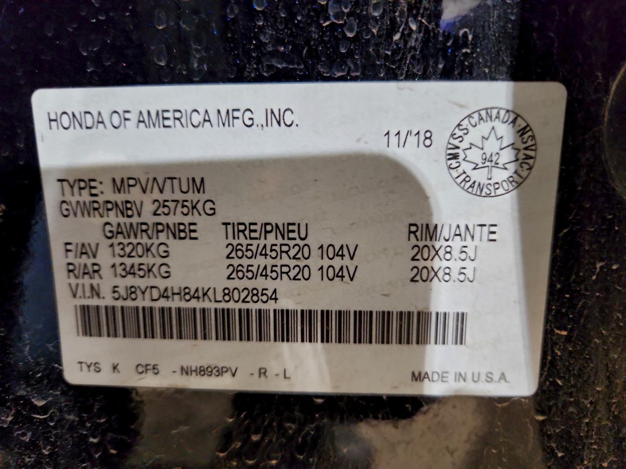 2019 Acura Mdx Advance VIN: 5J8YD4H84KL802854 Lot: 94870385