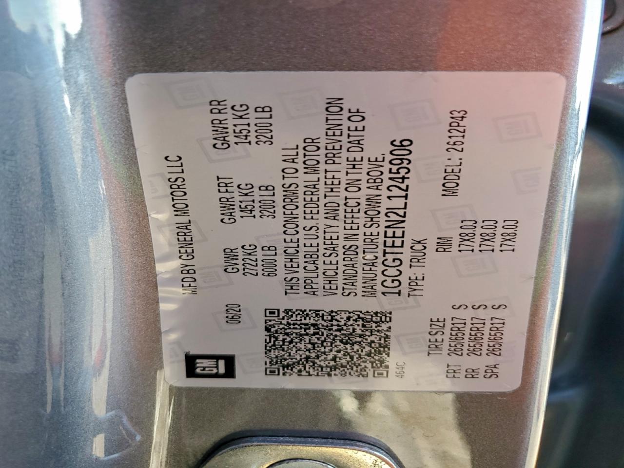 2020 Chevrolet Colorado Zr2 VIN: 1GCGTEEN2L1245906 Lot: 94705905