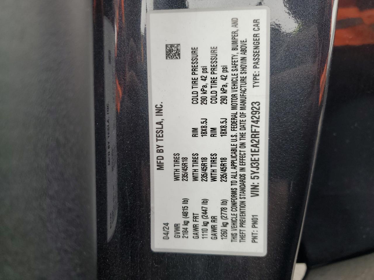 2024 Tesla Model 3 VIN: 5YJ3E1EA2RF742923 Lot: 92354845