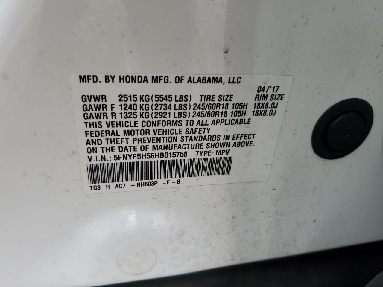 2017 Honda Pilot Exl VIN: 5FNYF5H56HB015758 Lot: 91854035