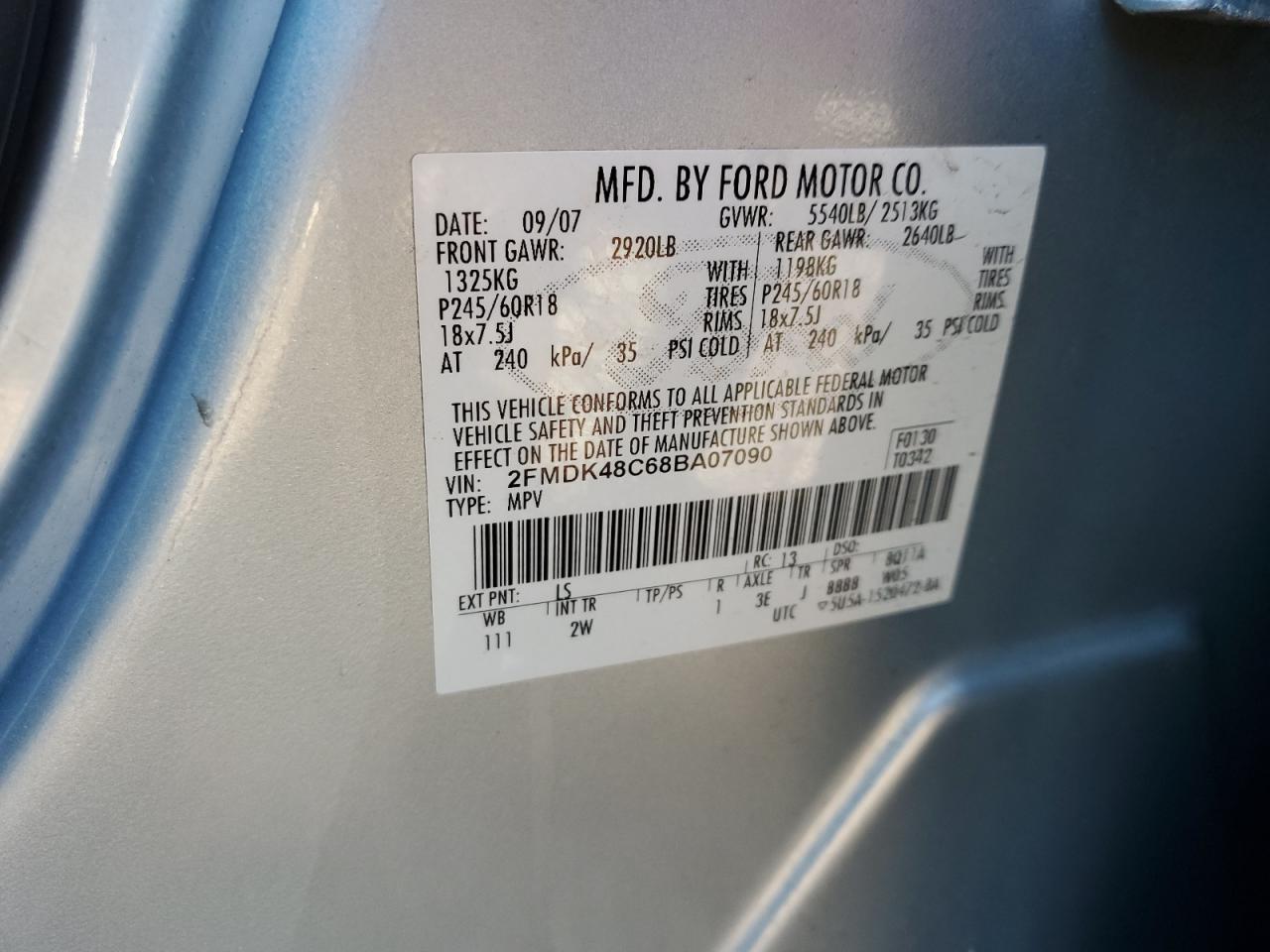 2008 Ford Edge Sel VIN: 2FMDK48C68BA07090 Lot: 91204695