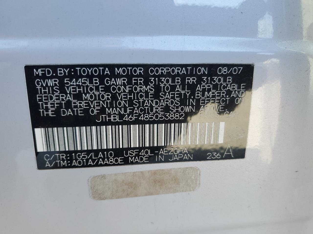 2008 Lexus Ls 460 VIN: JTHBL46F485053882 Lot: 91669875