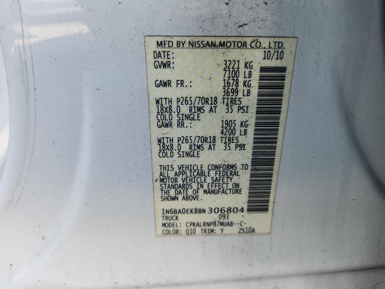 2011 Nissan Titan S VIN: 1N6BA0EK8BN306804 Lot: 92649205