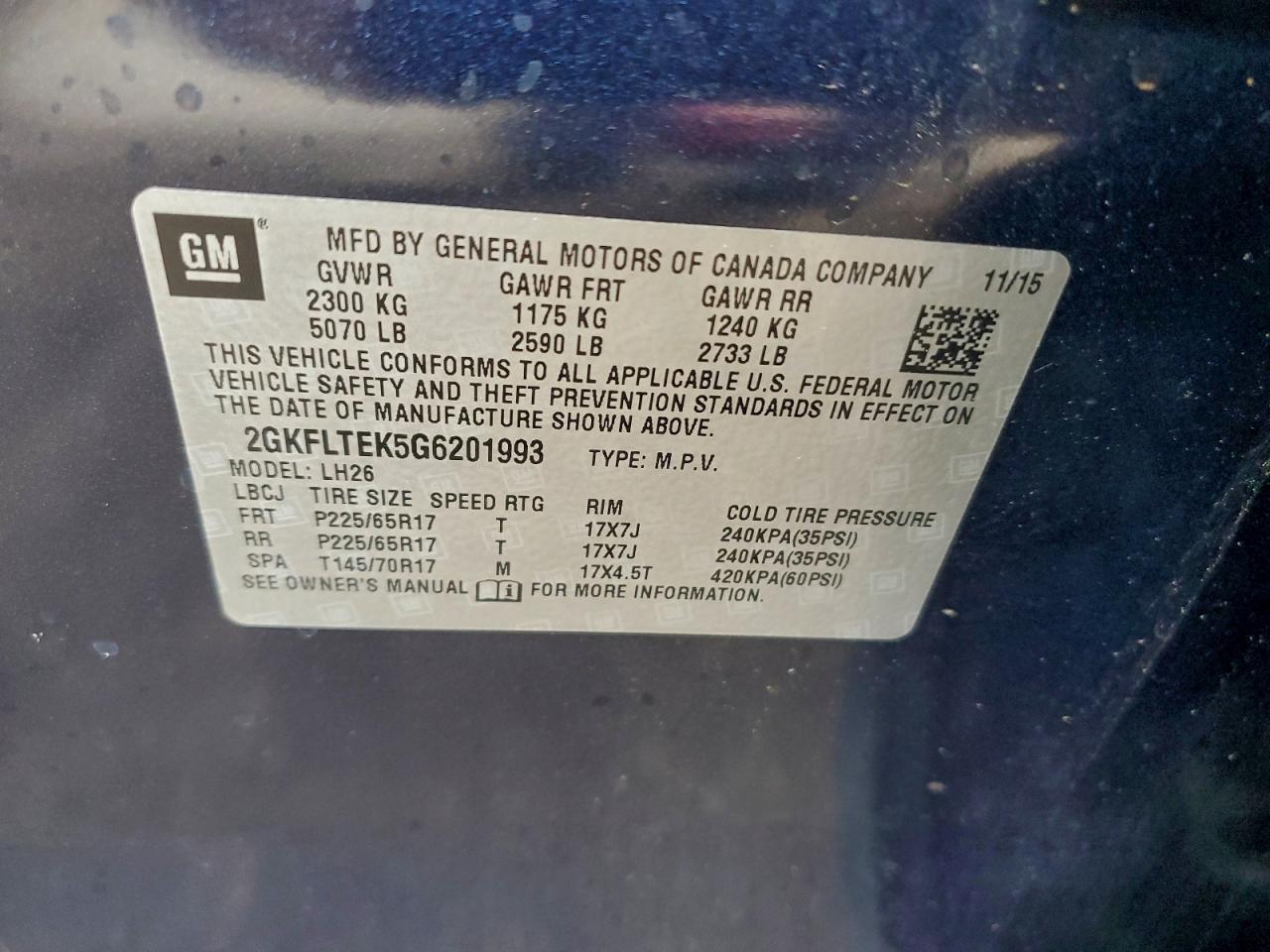 2016 GMC Terrain Sle VIN: 2GKFLTEK5G6201993 Lot: 94125235