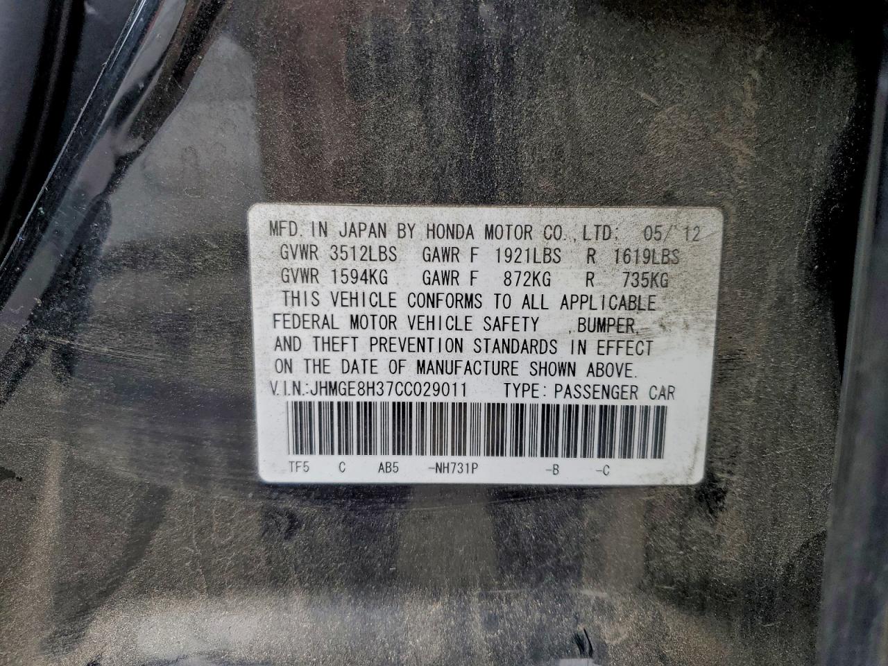 2012 Honda Fit VIN: JHMGE8H37CC029011 Lot: 93057785