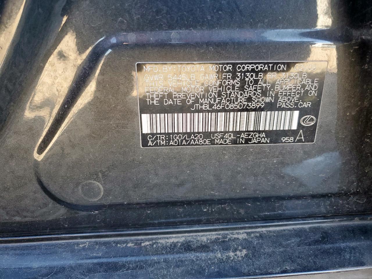 2008 Lexus Ls 460 VIN: JTHBL46F085073899 Lot: 93112375