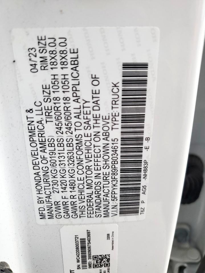 2023 Honda Ridgeline Black Edition VIN: 5FPYK3F89PB034615 Lot: 92761985