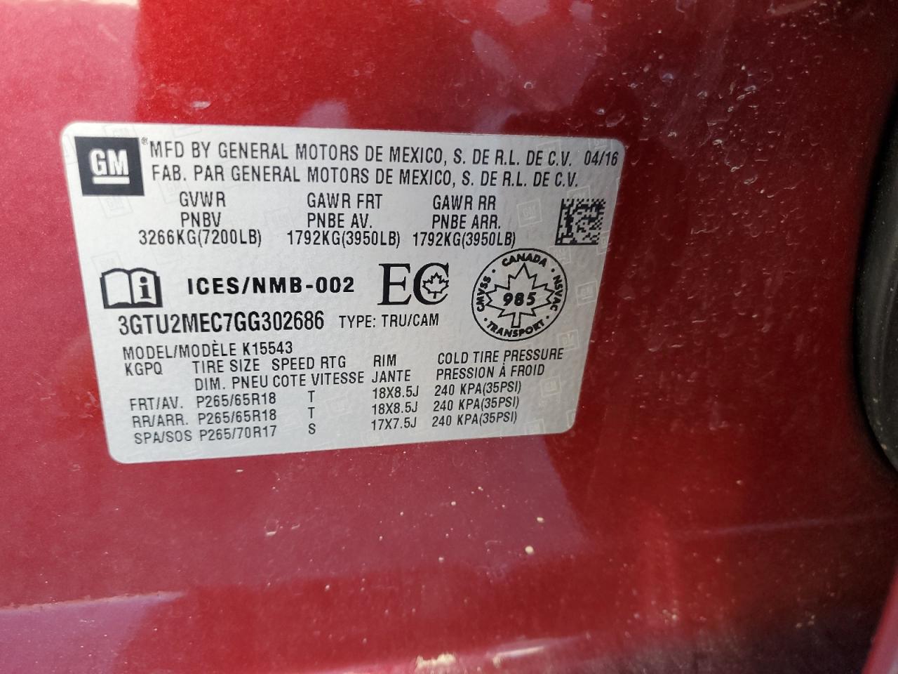 2016 GMC Sierra K1500 Sle VIN: 3GTU2MEC7GG302686 Lot: 93551325