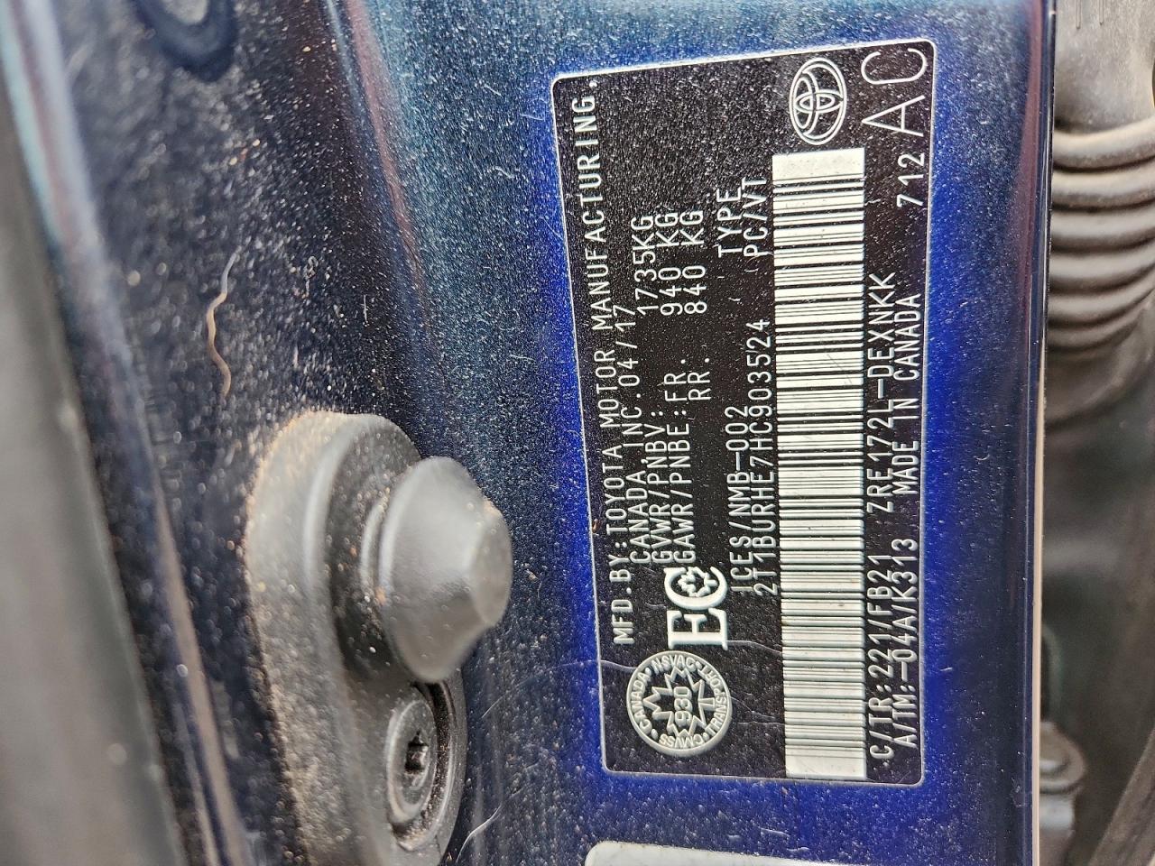 2017 Toyota Corolla L VIN: 2T1BURHE7HC903524 Lot: 93977085