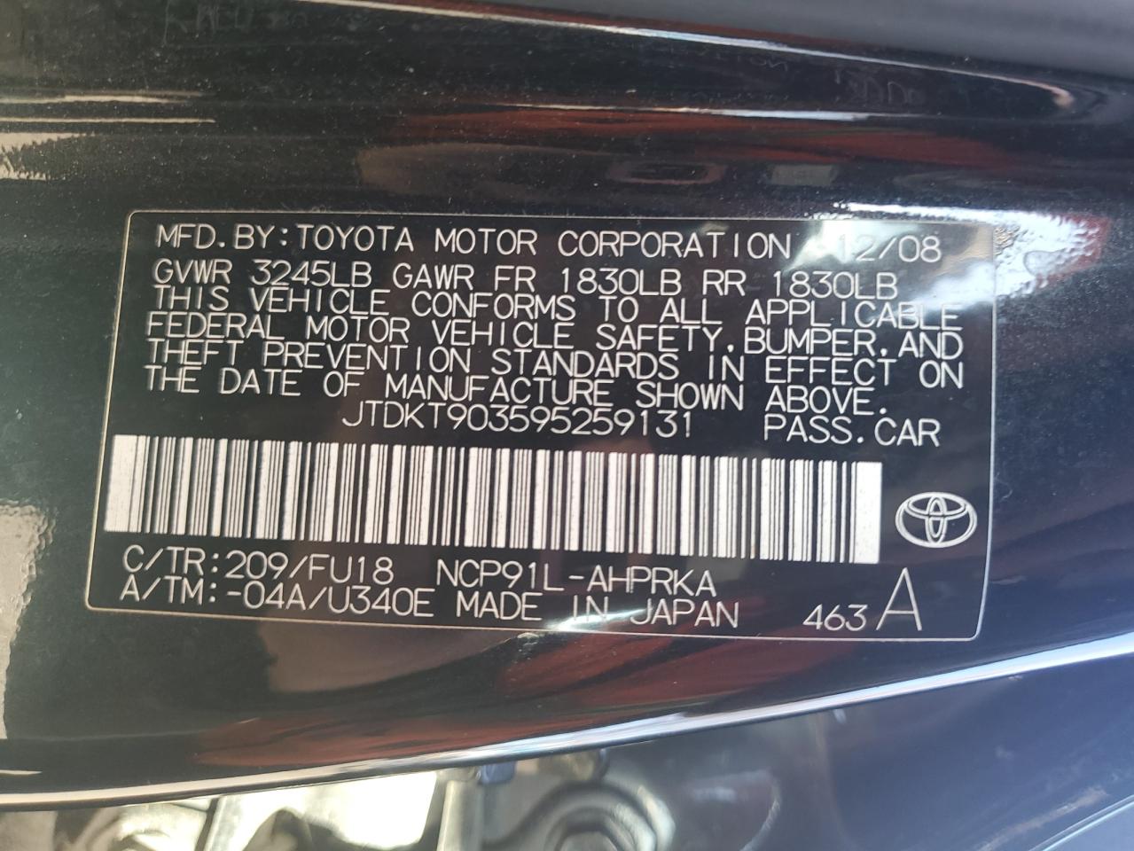 2009 Toyota Yaris VIN: JTDKT903595259131 Lot: 93568885