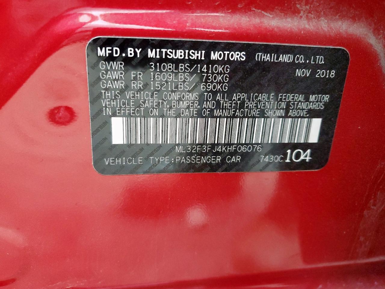 2019 Mitsubishi Mirage G4 Es VIN: ML32F3FJ4KHF06076 Lot: 93480505