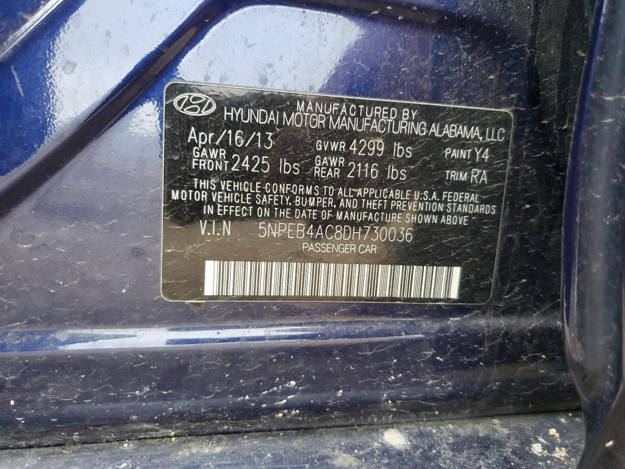 2013 Hyundai Sonata Gls VIN: 5NPEB4AC8DH730036 Lot: 92546265