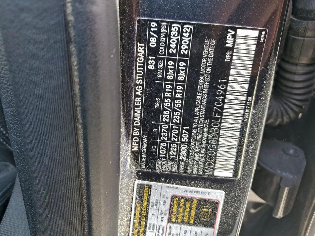 2020 Mercedes-Benz Glc 300 VIN: WDC0G8DB0LF704961 Lot: 92499915