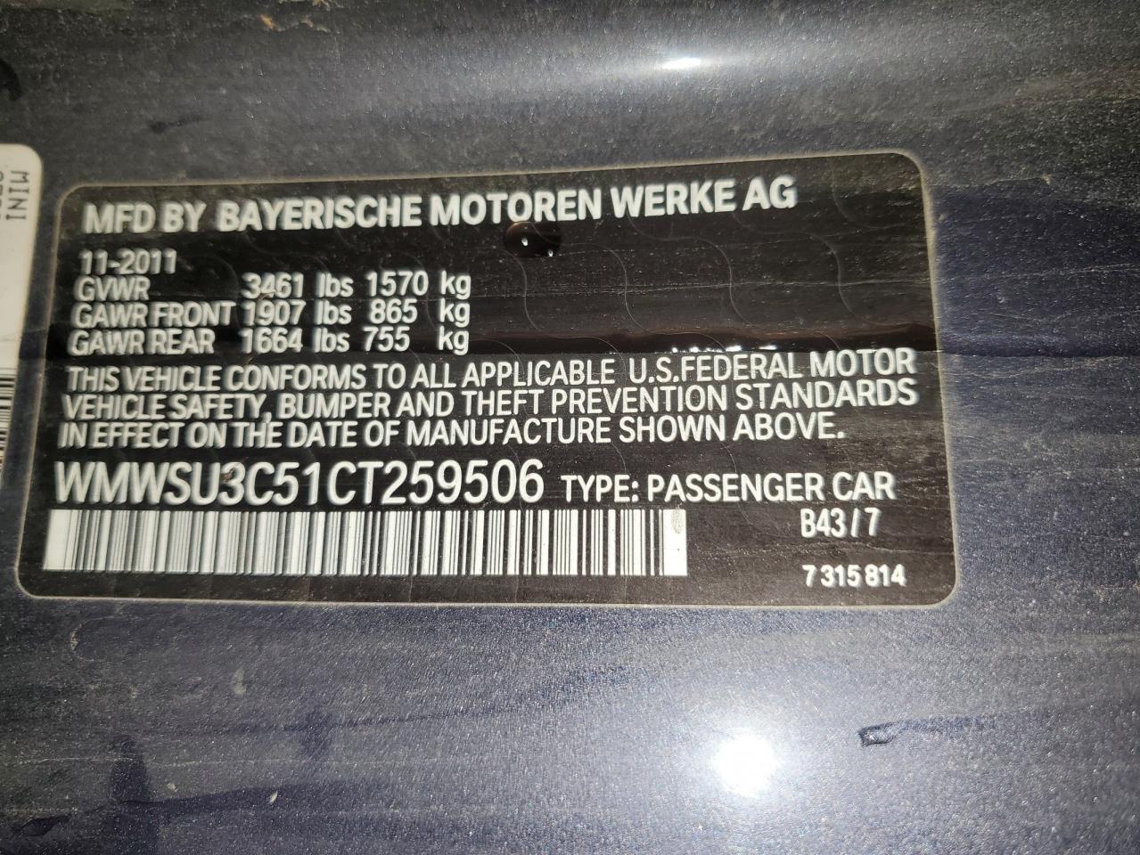 2012 Mini Cooper VIN: WMWSU3C51CT259506 Lot: 93140225