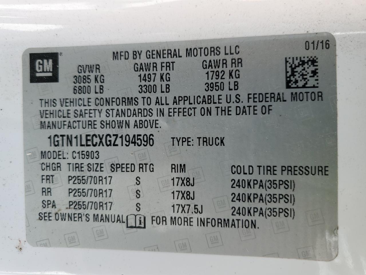 2016 GMC Sierra C1500 VIN: 1GTN1LECXGZ194596 Lot: 92217825