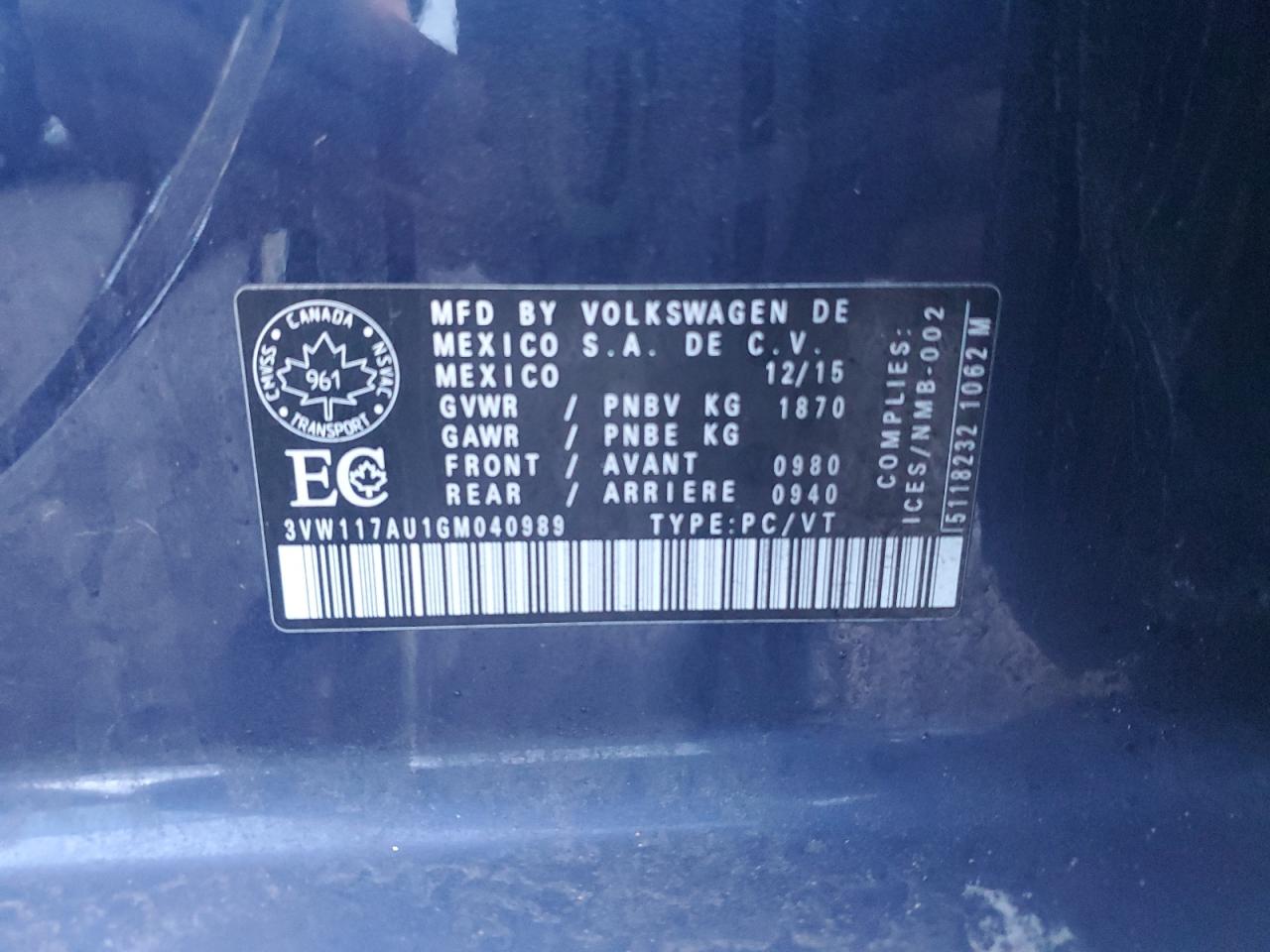 2016 Volkswagen Golf S VIN: 3VW117AU1GM040989 Lot: 92403695