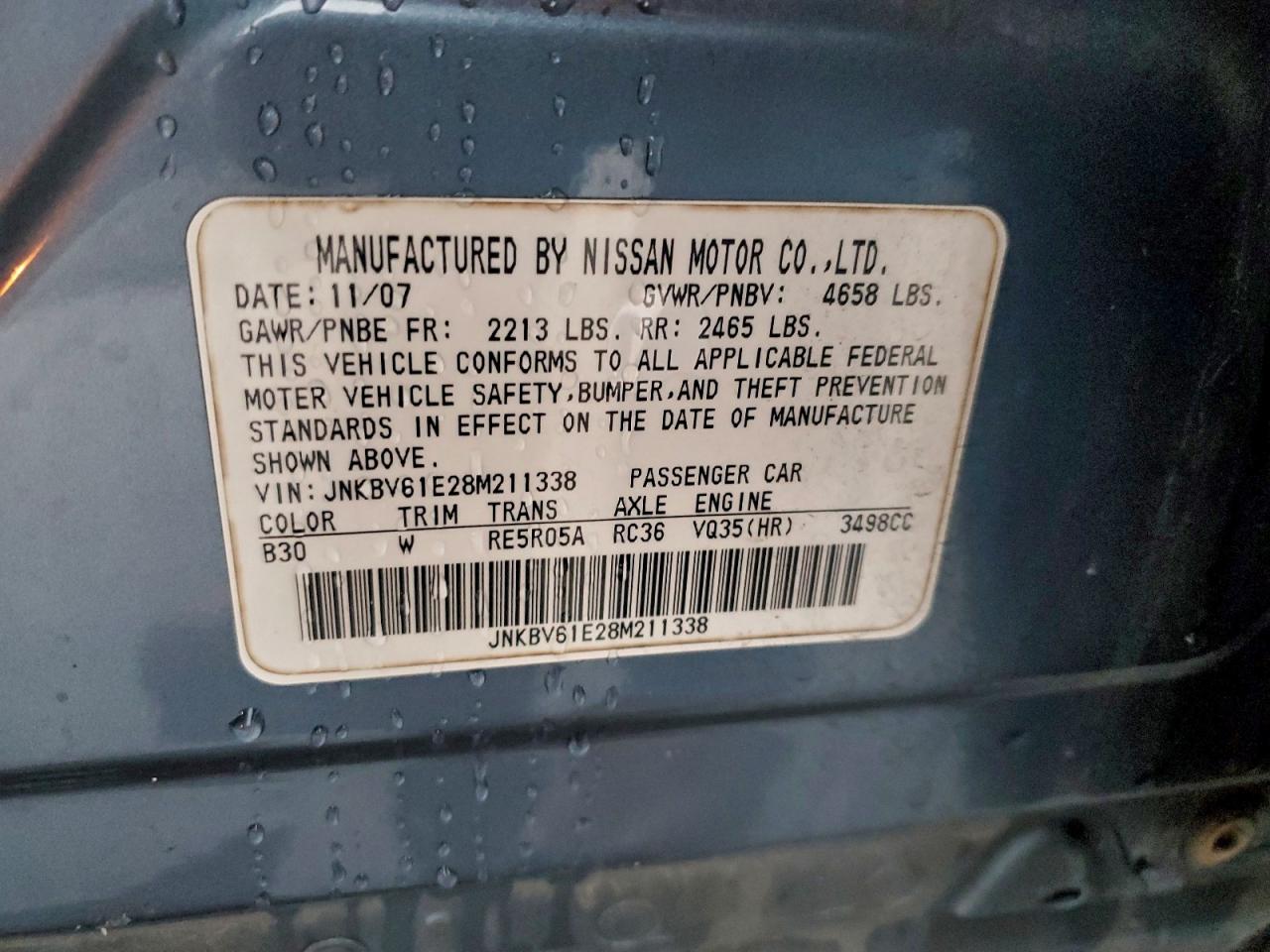 2008 Infiniti G35 VIN: JNKBV61E28M211338 Lot: 93029055