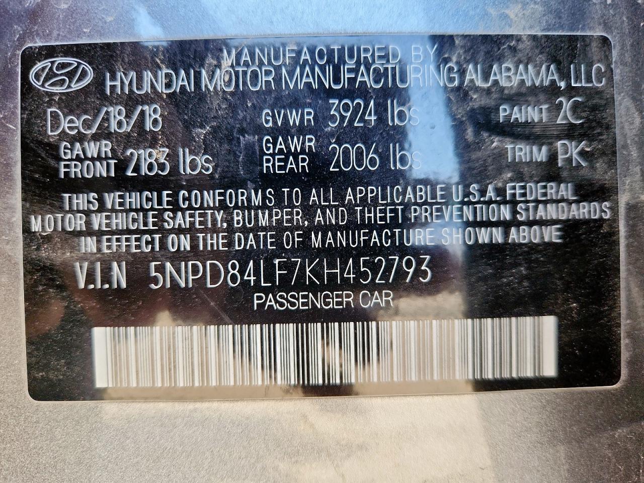 2019 Hyundai Elantra Sel VIN: 5NPD84LF7KH452793 Lot: 90745055