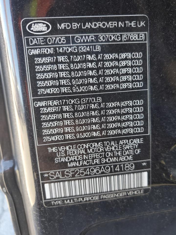 2006 Land Rover Range Rover Sport Hse VIN: SALSF25496A914189 Lot: 91354335