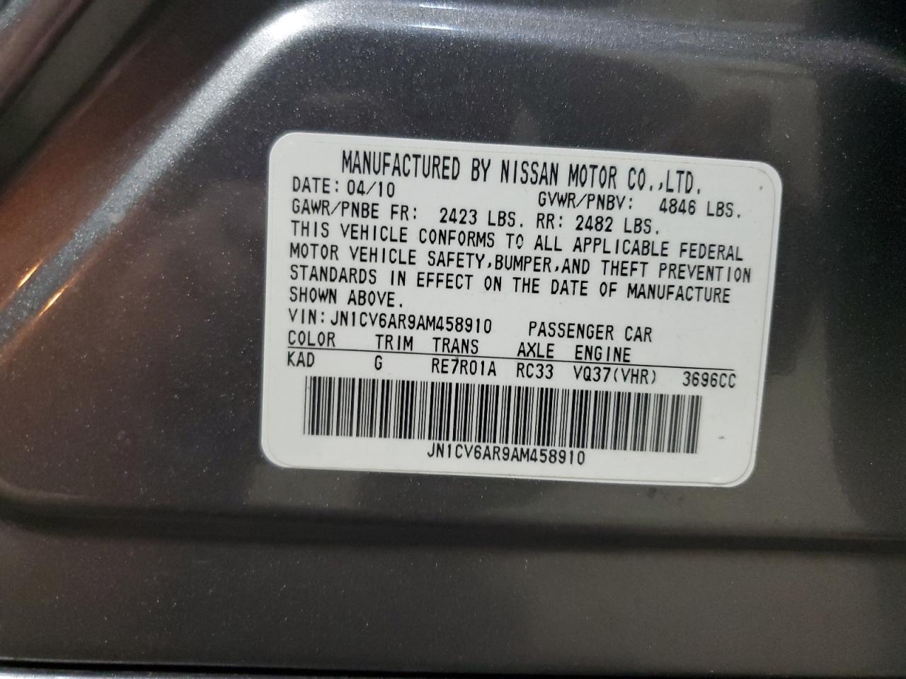 2010 Infiniti G37 VIN: JN1CV6AR9AM458910 Lot: 91702725