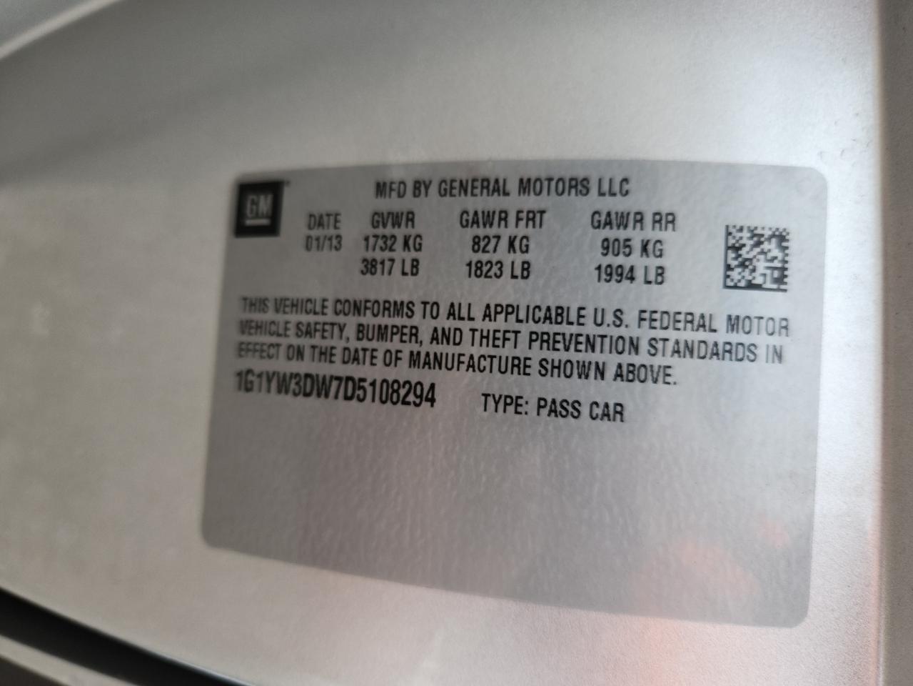 2013 Chevrolet Corvette Grand Sport VIN: 1G1YW3DW7D5108294 Lot: 93310165