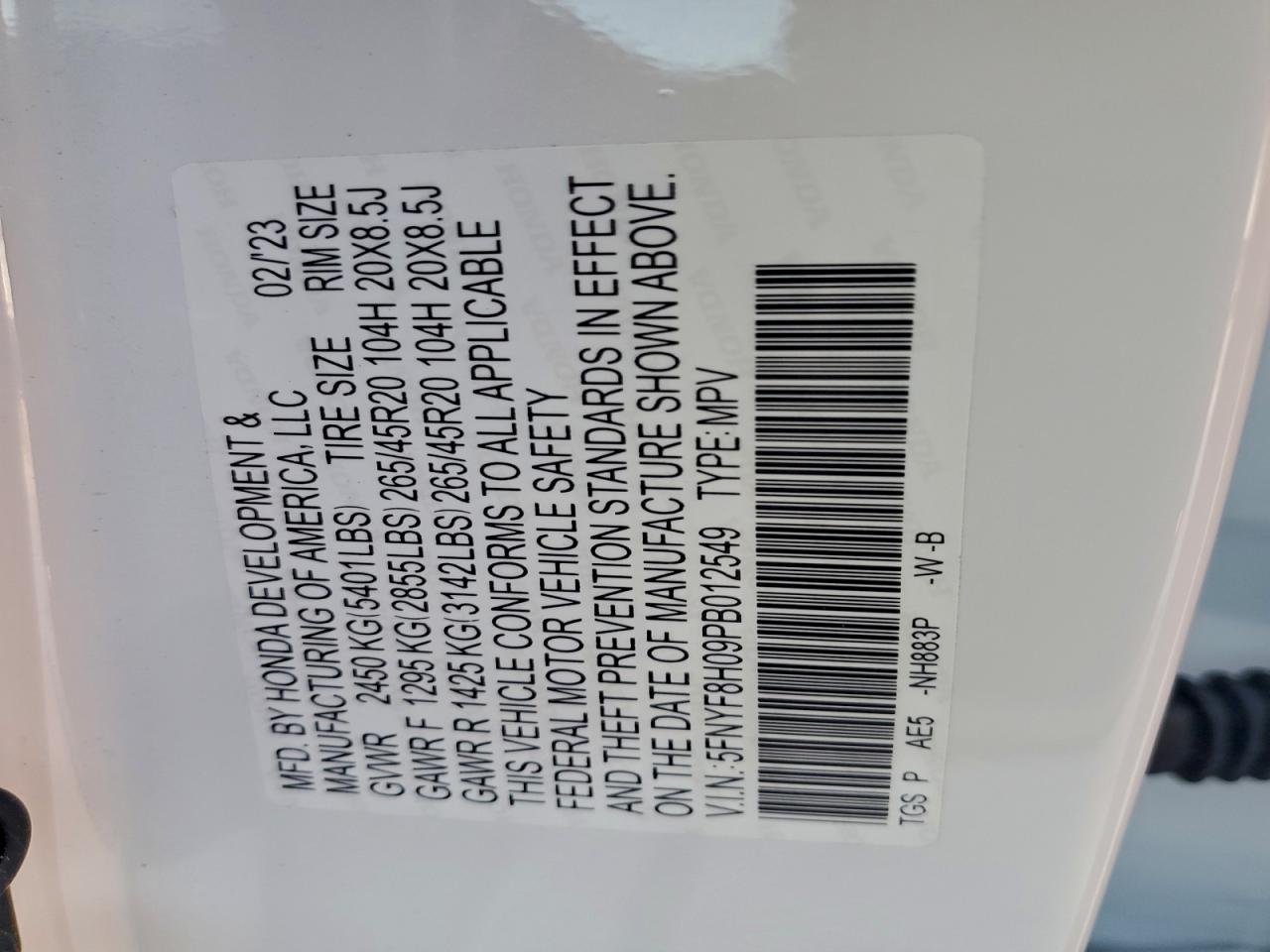 2023 Honda Passport Elite VIN: 5FNYF8H09PB012549 Lot: 94035735