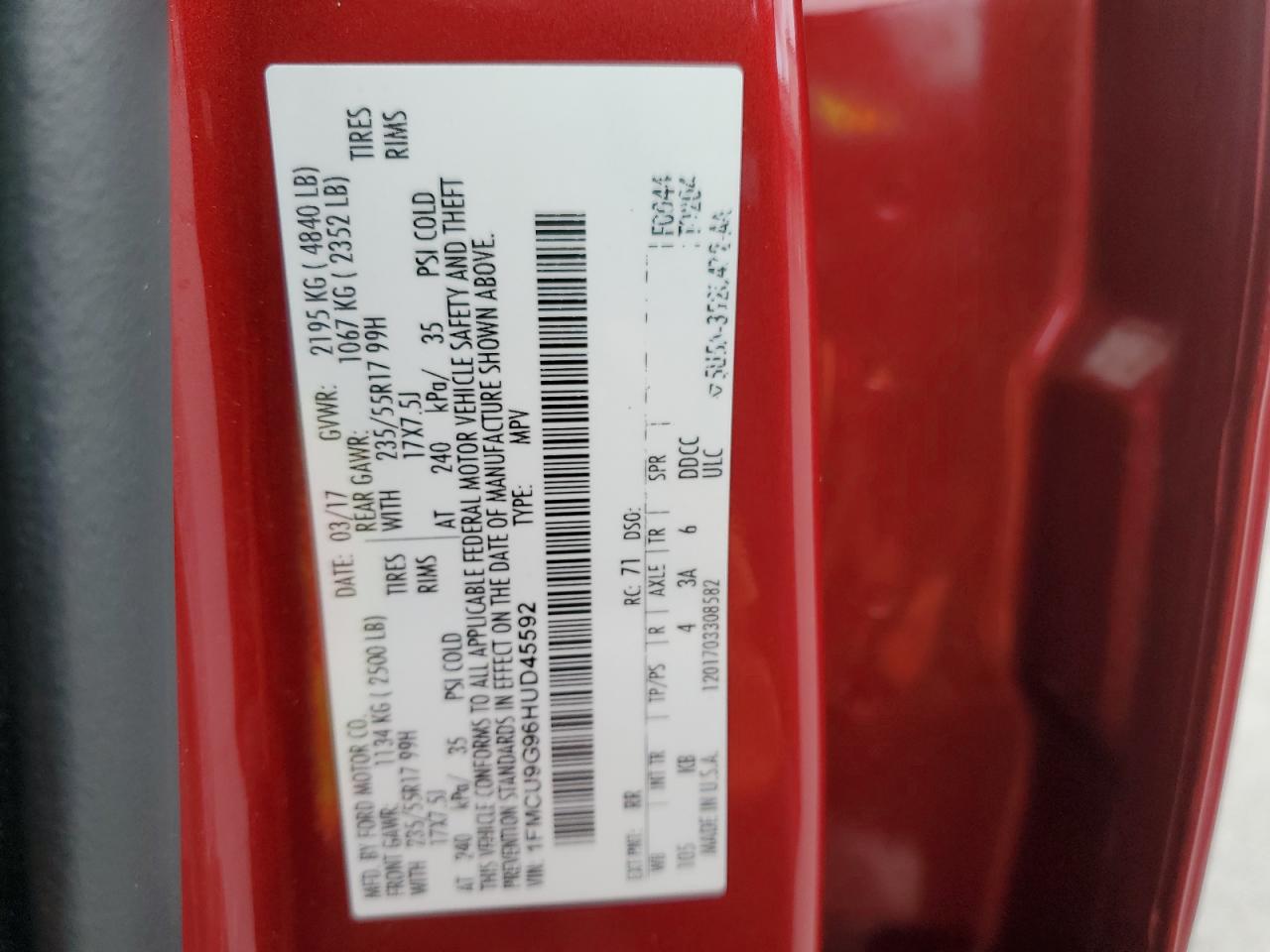 2017 Ford Escape Se VIN: 1FMCU9G96HUD45592 Lot: 92241625