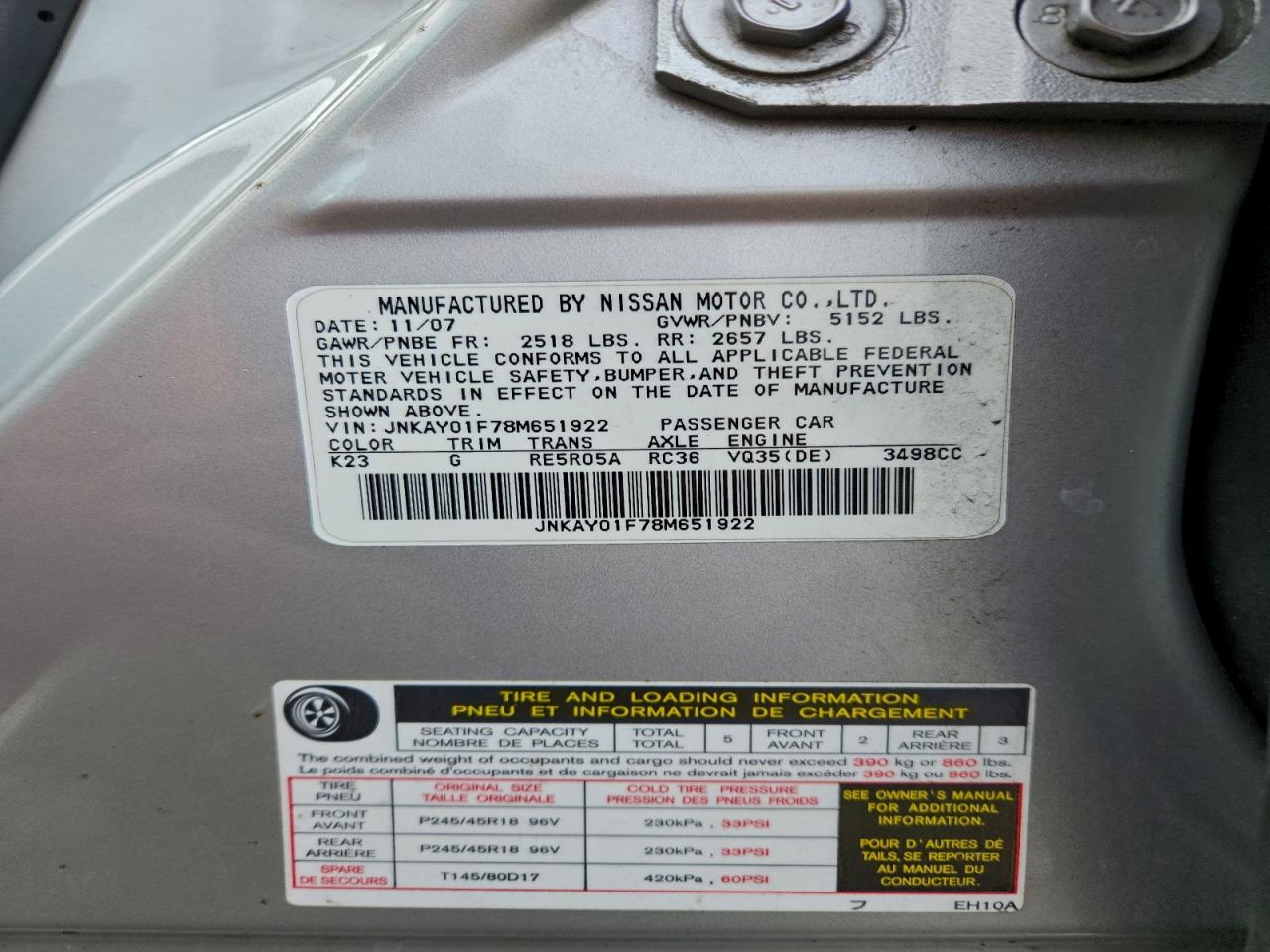 2008 Infiniti M35 Base VIN: JNKAY01F78M651922 Lot: 93693235