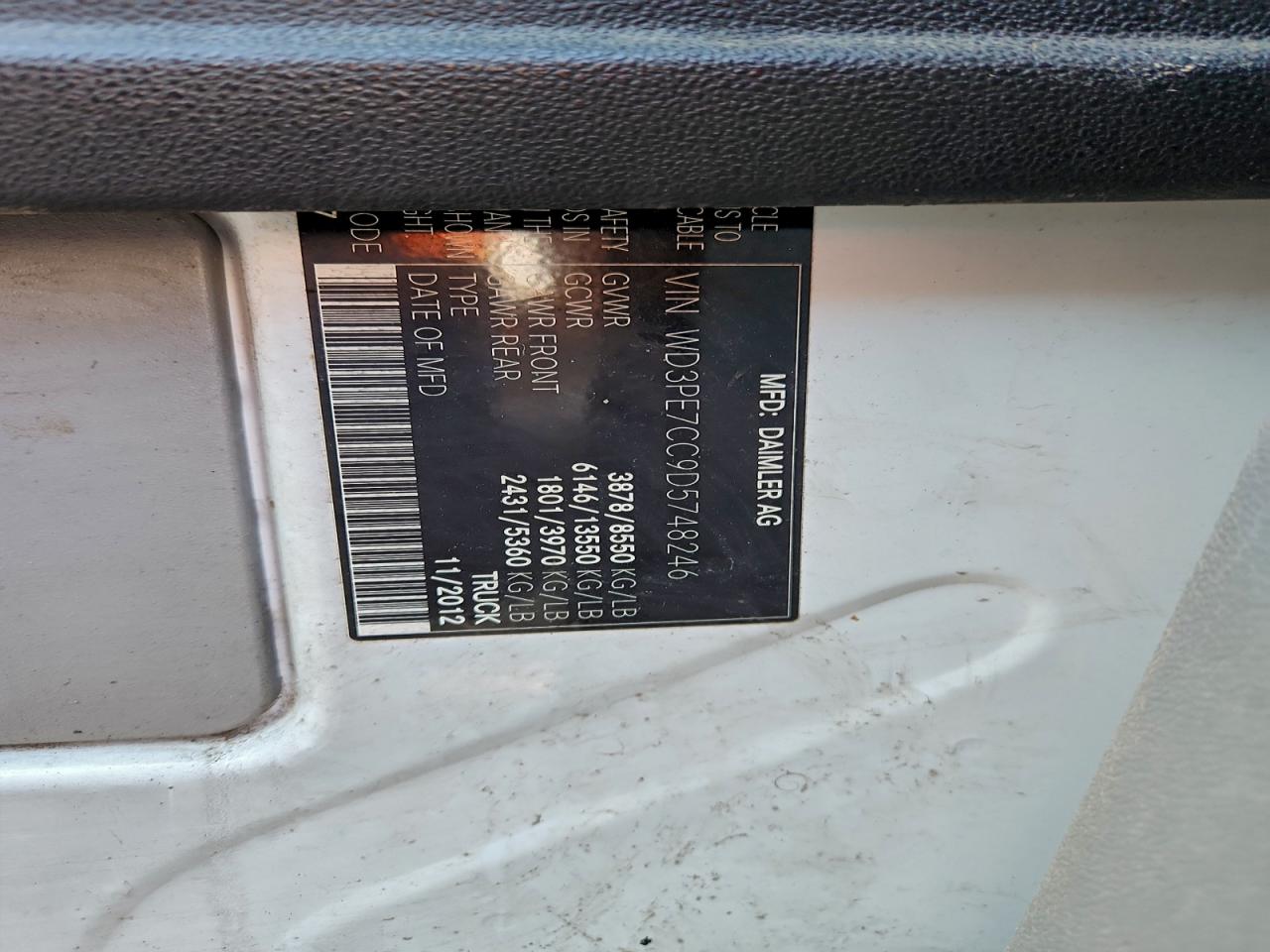 2013 Mercedes Benz Sprinter 2500 Delivery Van VIN: WD3PE7CC9D5748246 Lot: 90630535