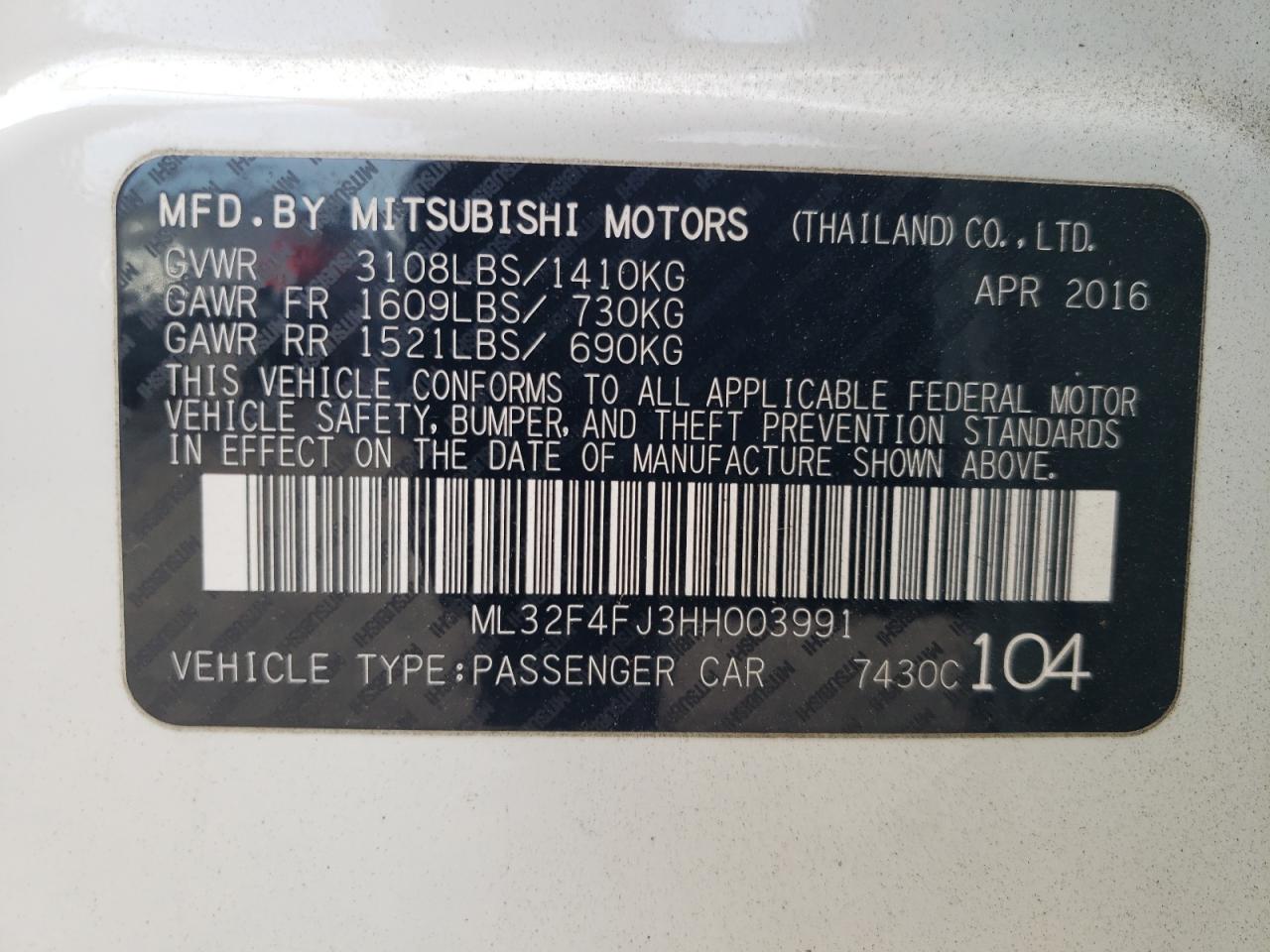 2017 Mitsubishi Mirage G4 Se VIN: ML32F4FJ3HH003991 Lot: 93413855