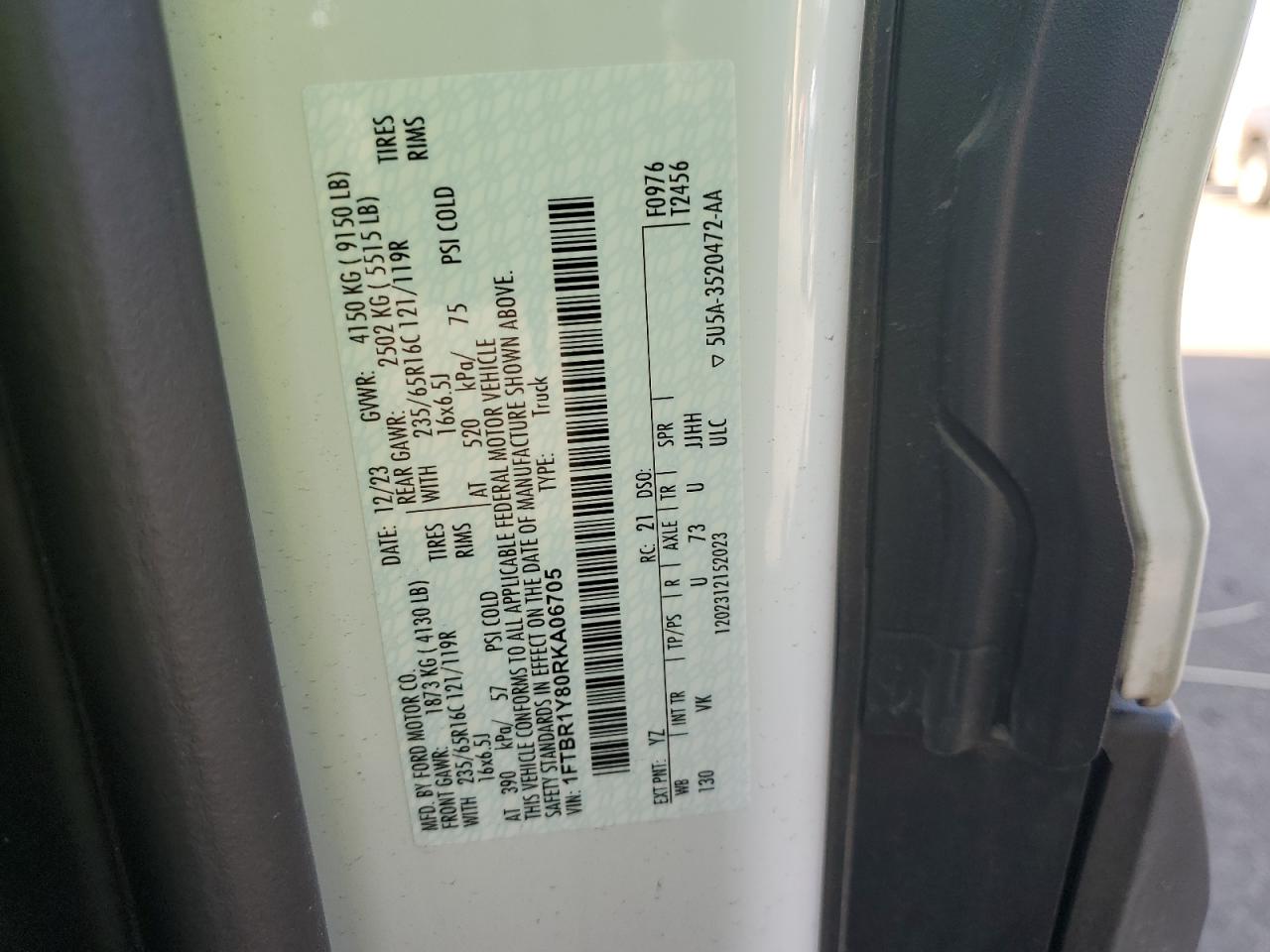 2024 Ford Transit T-250 Delivery Van VIN: 1FTBR1Y80RKA06705 Lot: 92478535