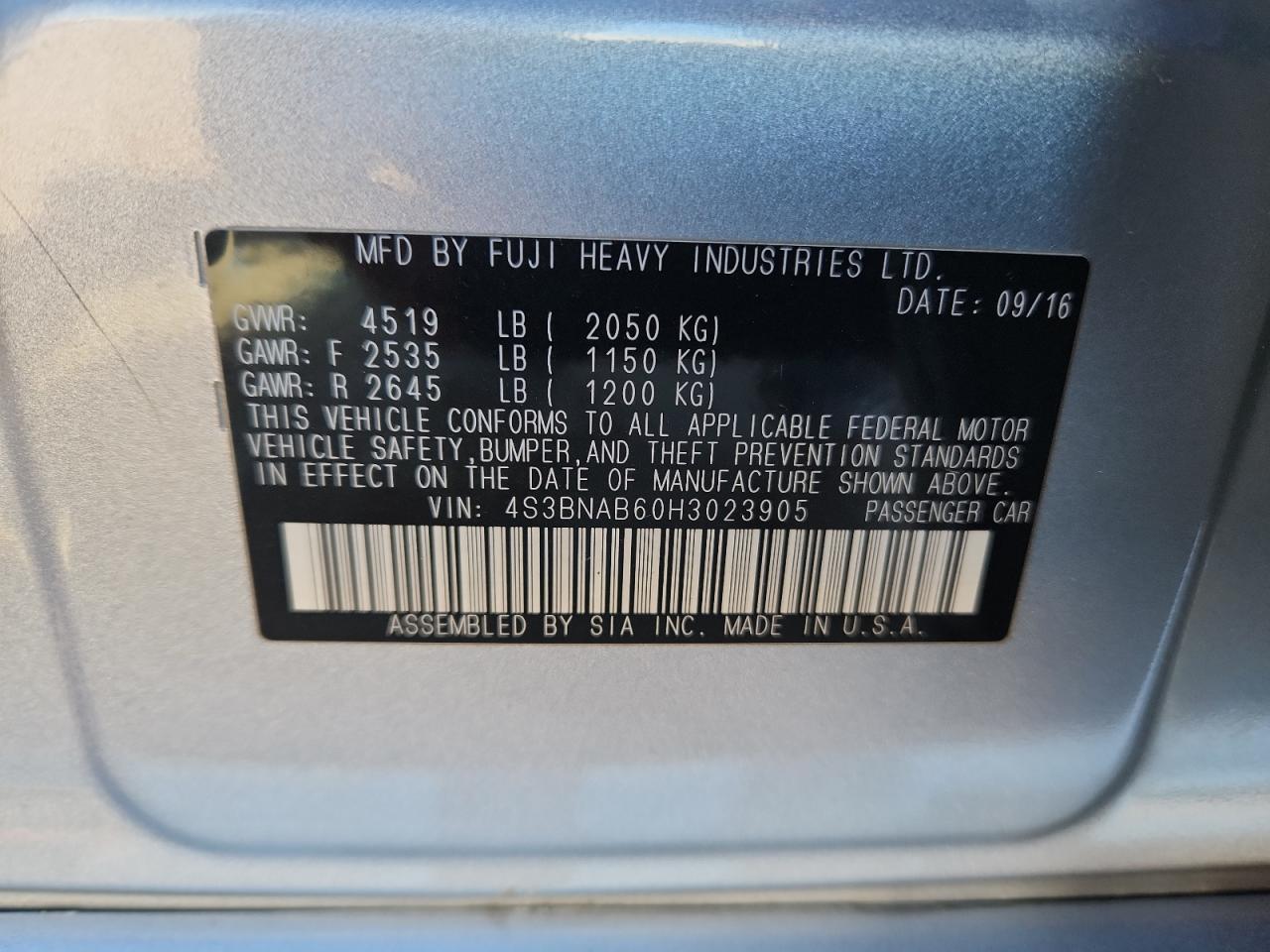 2017 Subaru Legacy 2.5I VIN: 4S3BNAB60H3023905 Lot: 91223775