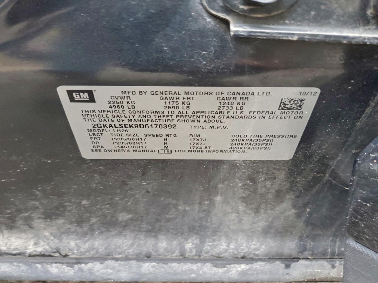 2013 GMC Terrain Sle VIN: 2GKALSEK9D6170392 Lot: 94180345