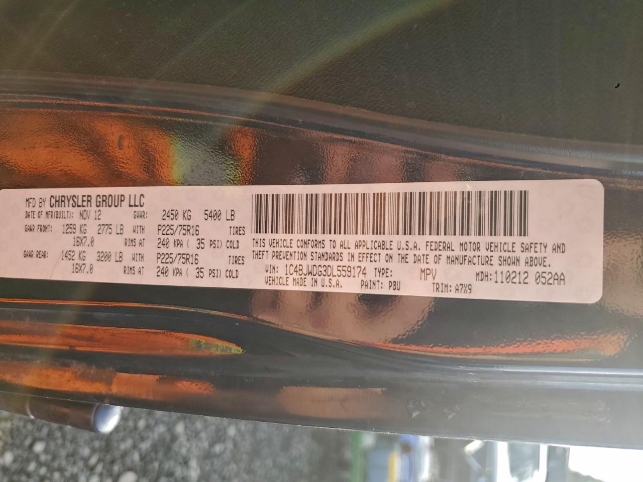 2013 Jeep Wrangler Unlimited Sport VIN: 1C4BJWDG3DL559174 Lot: 94313775