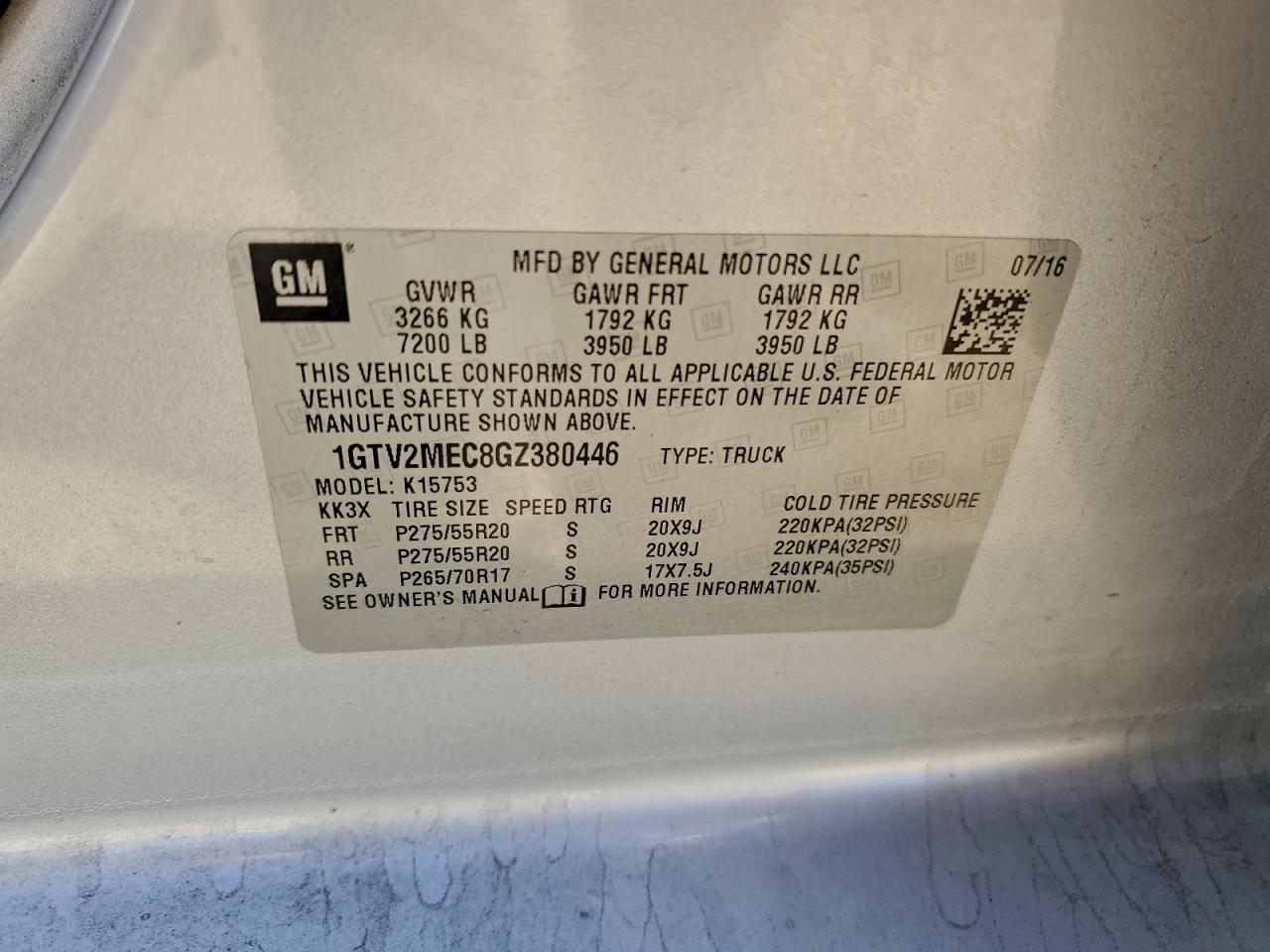 2016 GMC Sierra K1500 Sle VIN: 1GTV2MEC8GZ380446 Lot: 94046435