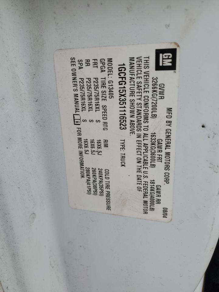 2005 Chevrolet Express G1500 VIN: 1GCFG15X351116523 Lot: 93181965