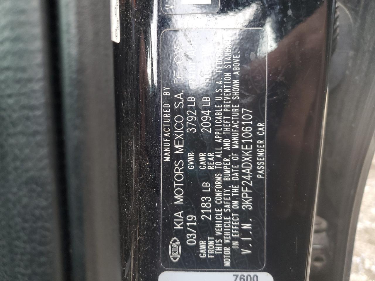 2019 Kia Forte Fe VIN: 3KPF24ADXKE106107 Lot: 92297395