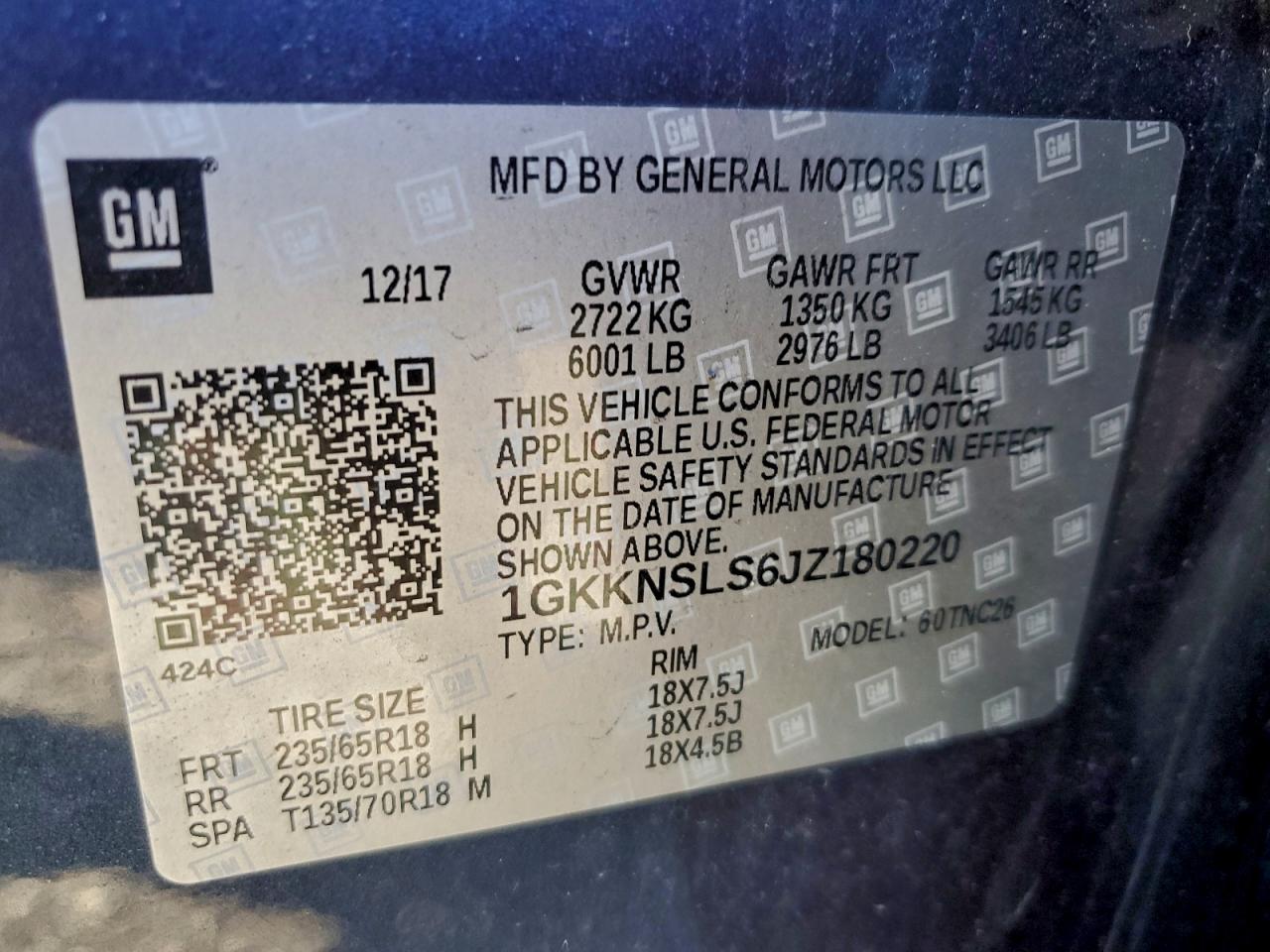 2018 GMC Acadia Sle VIN: 1GKKNSLS6JZ180220 Lot: 94168515