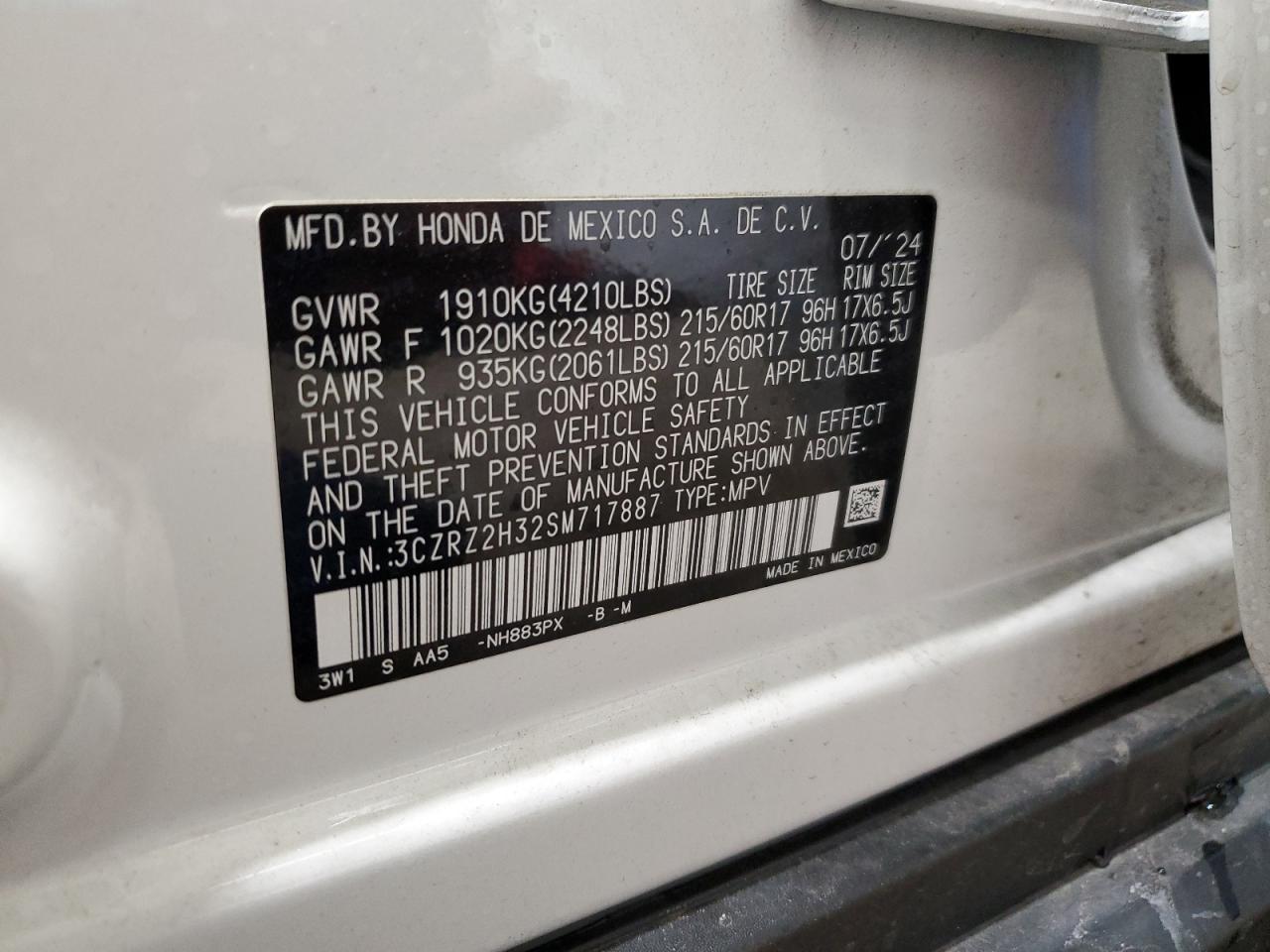 2025 Honda Hr-V Lx VIN: 3CZRZ2H32SM717887 Lot: 93130735