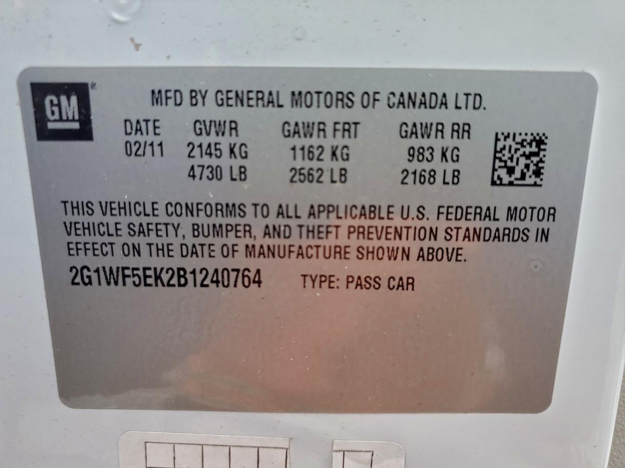 2011 Chevrolet Impala Ls VIN: 2G1WF5EK2B1240764 Lot: 93226035