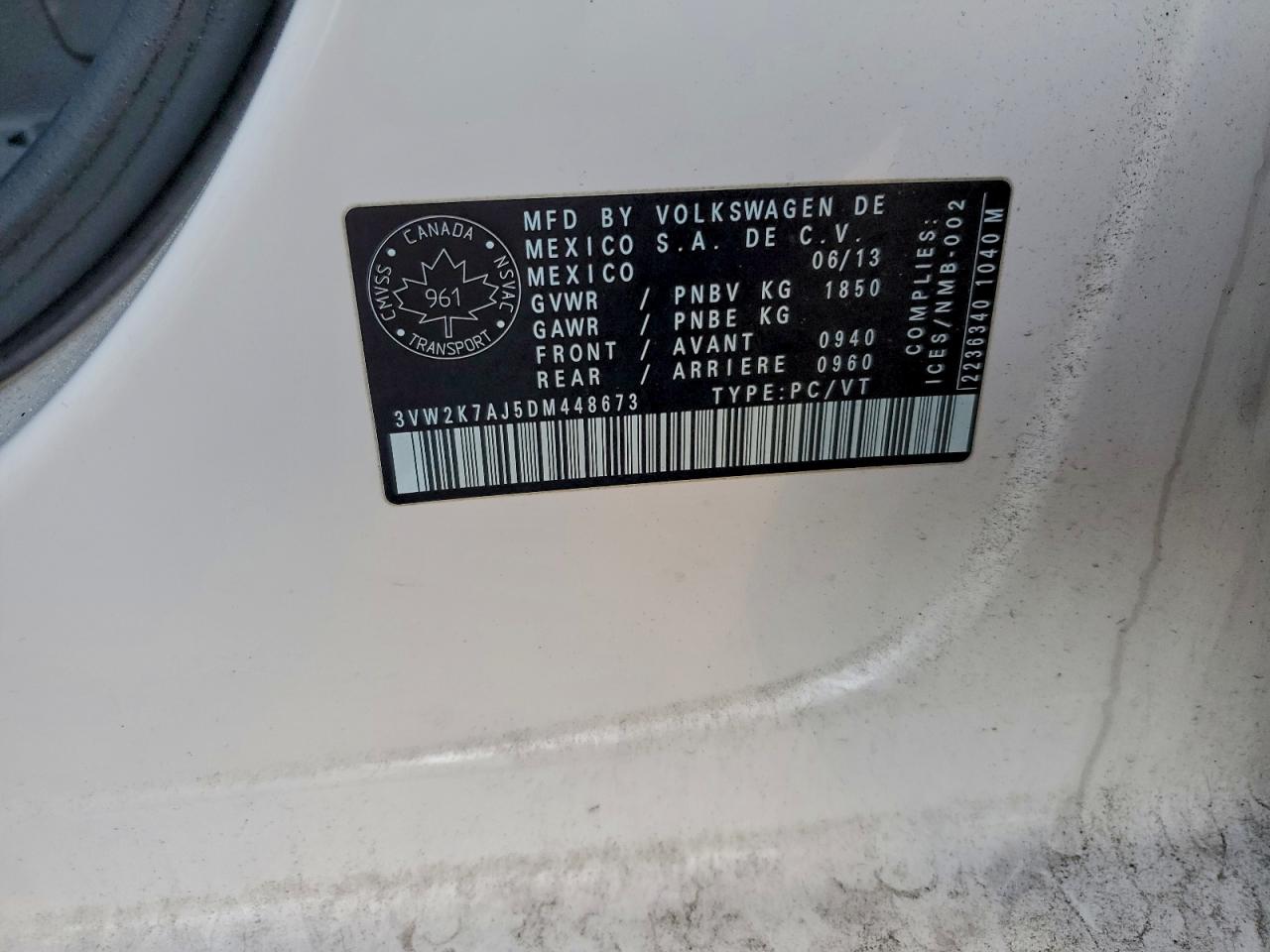 2013 Volkswagen Jetta Base VIN: 3VW2K7AJ5DM448673 Lot: 94167335