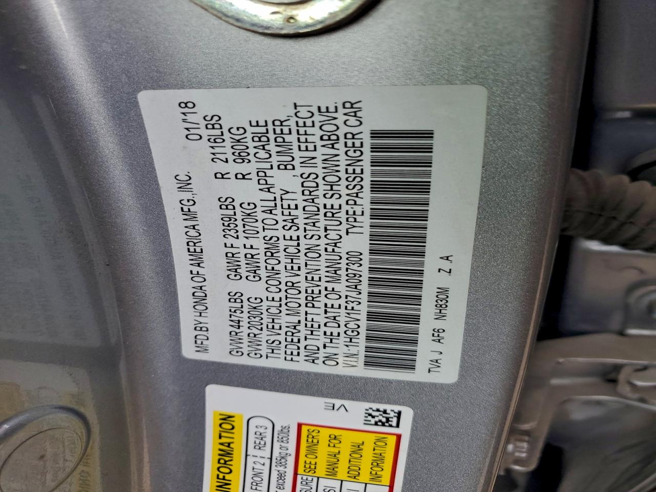 2018 Honda Accord Sport VIN: 1HGCV1F37JA097300 Lot: 94168065