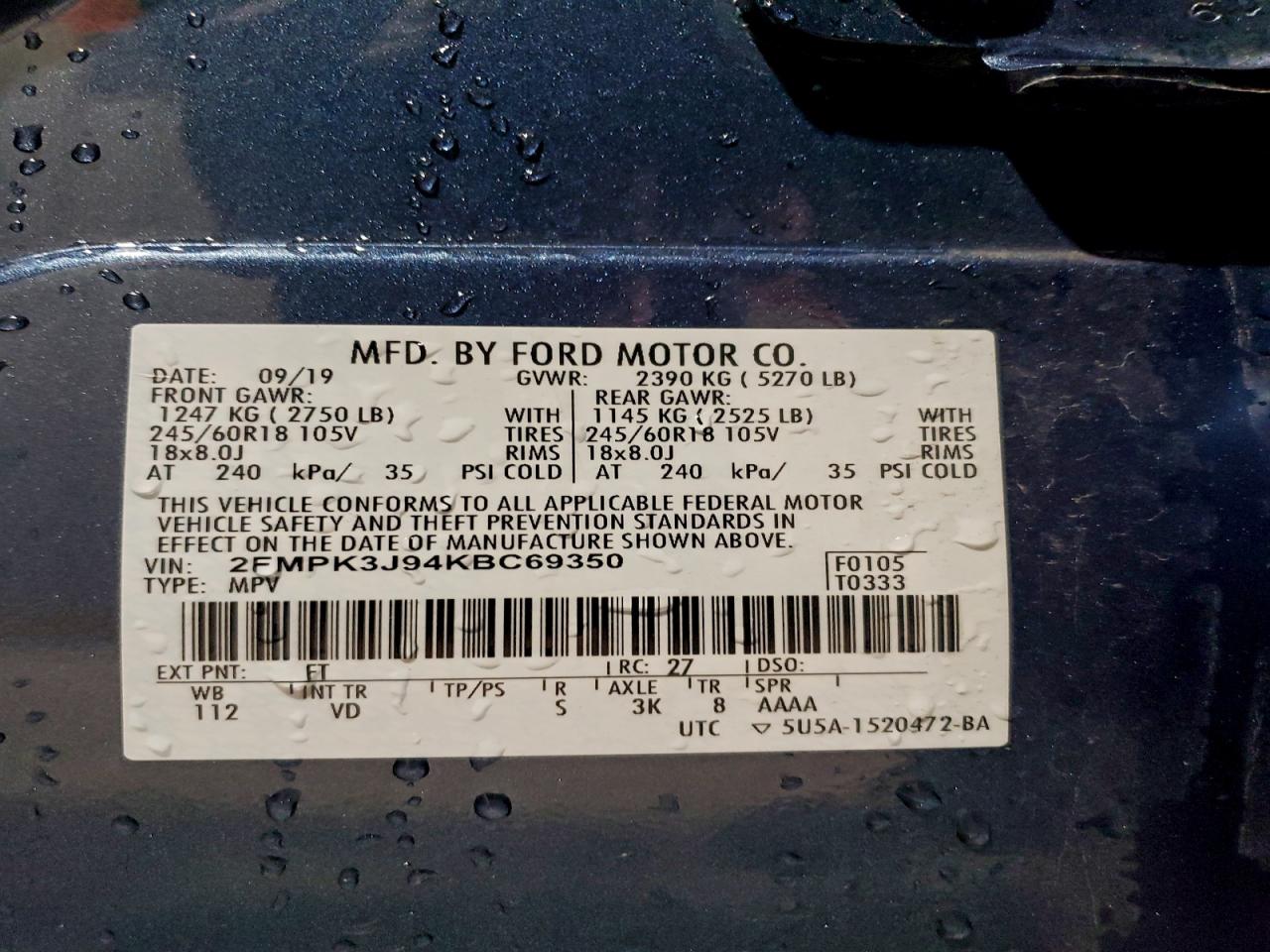 2019 Ford Edge Sel VIN: 2FMPK3J94KBC69350 Lot: 93781865