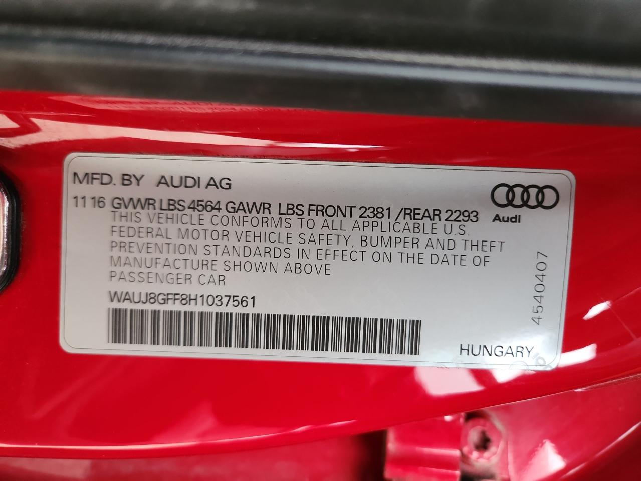 2017 Audi A3 Premium Plus VIN: WAUJ8GFF8H1037561 Lot: 92923075